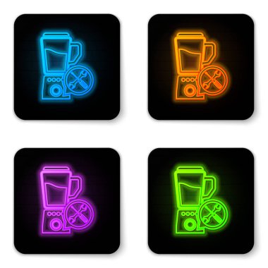 Parlayan Neon blender ve anahtar simgesi beyaz arka planda izole. Ayarlama, hizmet, ayarlama, bakım, onarım, sabitleme. Siyah kare düğmesi. Vektör Illustration
