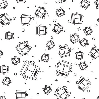 Siyah çizgi veri yolu simgesi beyaz arka planda yalıtılmış Dikişsiz desen. Ulaşım konsepti. Otobüs turu taşıma işareti. Turizm veya kamu araç sembolü. Vektör Illustration