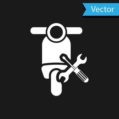 Siyah arka planda izole tornavida ve anahtar simgesi ile beyaz scooter. Ayarlama, hizmet, ayarlama, bakım, onarım, sabitleme. Vektör Illustration