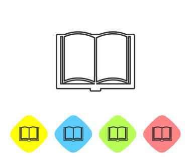Gri çizgi beyaz arka planda izole açık kitap simgesi. Renk Rhombus düğmelerinde simgesini ayarlayın. Vektör Illustration