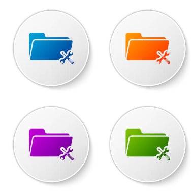 Beyaz arka planda izole tornavida ve anahtar simgesi ile renk klasörü. Ayarlama, hizmet, ayarlama, bakım, onarım, sabitleme. Daire düğmelerinde simgeleri ayarlayın. Vektör Illustration