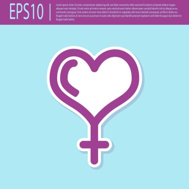 Retro mor kadın cinsiyet sembolü ve kalp simgesi turkuaz arka planda izole. Venüs sembolü. Kadın organizma veya kadının sembolü. Vektör Illustration