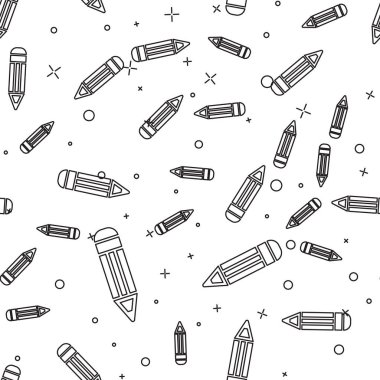 Siyah çizgi kalem simgesi beyaz arka planda yalıtılmış Dikişsiz desen. Eğitim işareti. Çizim ve eğitim araçları. Okul ofisi sembolü. Vektör Illustration