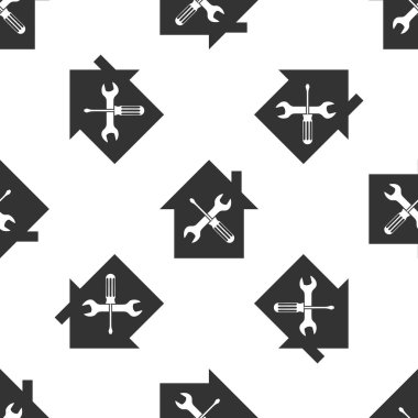 Beyaz arka planda tornavida ve anahtar simgesi izole Dikişsiz desen ile Grey House veya ev. Ayarlama, hizmet, ayarlama, bakım, onarım, sabitleme. Vektör Illustration