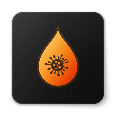 Turuncu parlayan kirli su damlası simgesi beyaz arka planda izole. Bakteriler ve mikroplar, mikroorganizma hastalığı, hücre kanseri, mikrop, virüs, mantar. Siyah kare düğmesi. Vektör Illustration