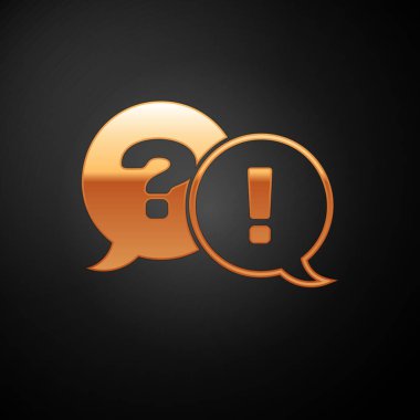 Siyah arka planda izole soru ve ünlem simgesi ile altın konuşma kabarcıklar. SSS işareti. Kopyalama dosyaları, sohbet konuşma balonu ve grafik. Vektör Illustration