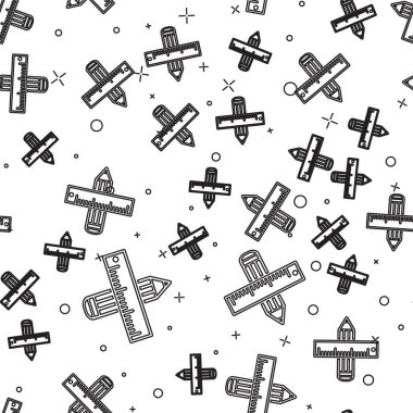 Siyah çizgi çapraz cetvel ve kalem simgesi izole Dikişsiz desen beyaz arka plan üzerinde. Düz sembolü. Çizim ve eğitim araçları. Vektör Illustration