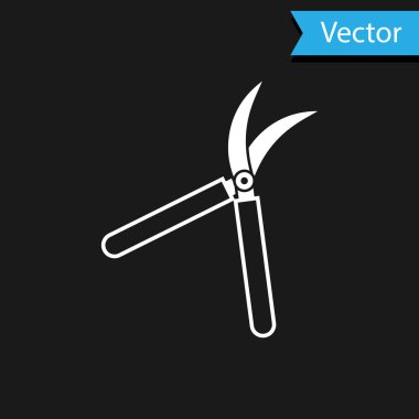 Beyaz Bahçe siyah arka planda izole simgesi kırpma için el yapımı makas. Ahşap kolları ile budama makasları. Vektör Illustration