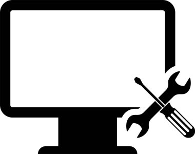 Beyaz arka planda izole tornavida ve anahtar simgesi ile siyah bilgisayar monitörü. Ayarlama, hizmet, ayarlama, bakım, onarım, sabitleme. Vektör Illustration