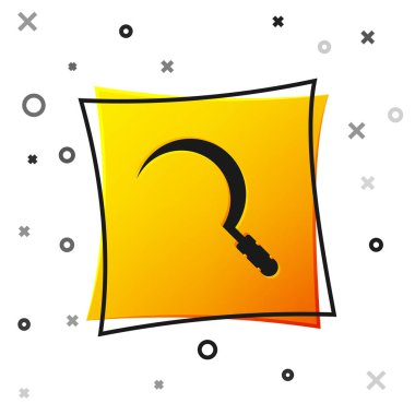 Beyaz arka planda izole siyah orak simgesi. Kanca işaretini yeniden takıyor. Sarı kare düğmesi. Vektör Illustration