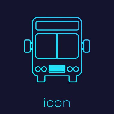 Mavi arka planda yalıtılmış turkuaz çizgi veri yolu simgesi. Ulaşım konsepti. Otobüs turu taşıma işareti. Turizm veya kamu araç sembolü. Vektör Illustration