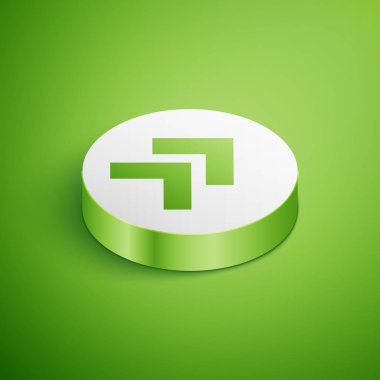 Yeşil arka planda yalıtılmış izometrik ok simgesi. Yönü Arrowhead sembolü. Gezinme işaretçisi işareti. Beyaz daire düğmesi. Vektör Illustration