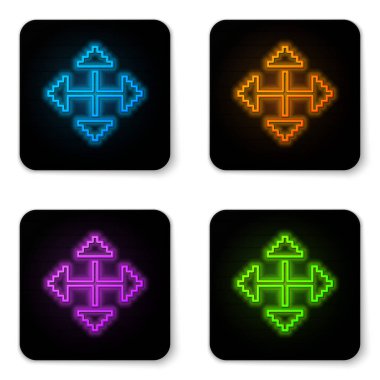 Beyaz arka planda izole dört yön simgesi parlayan Neon piksel oklar. İmleç taşı işareti. Siyah kare düğmesi. Vektör Illustration