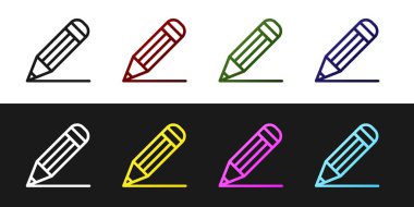 Siyah beyaz arka planda izole kalem ve çizgi simgesini ayarlayın. Eğitim işareti. Çizim ve eğitim araçları. Okul ofisi sembolü. Vektör Illustration