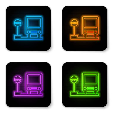 Parlayan Neon otobüs durağı simgesi beyaz arka planda yalıtılmış. Ulaşım konsepti. Otobüs turu taşıma işareti. Turizm veya kamu araç sembolü. Siyah kare düğmesi. Vektör Illustration