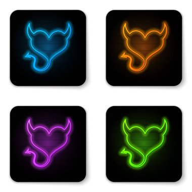 Boynuz ile parlayan Neon Devil kalp ve beyaz arka planda izole bir kuyruk simgesi. Sevgililer günü sembolü. Siyah kare düğmesi. Vektör Illustration