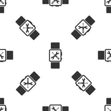 Beyaz arka planda tornavida ve anahtar simgesi izole Dikişsiz desen ile gri SmartWatch. Ayarlama, hizmet, ayarlama, bakım, onarım, sabitleme. Vektör Illustration