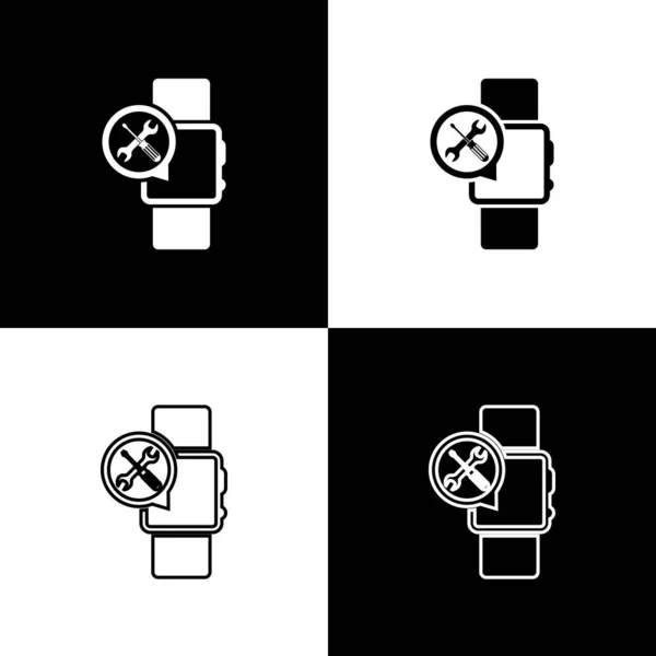 Zestaw SmartWatch z śrubokręt i klucz ikona izolowane na czarno-białym tle. Regulacja, serwis, ustawienie, konserwacja, naprawa, mocowanie. Ilustracja wektorowa — Wektor stockowy