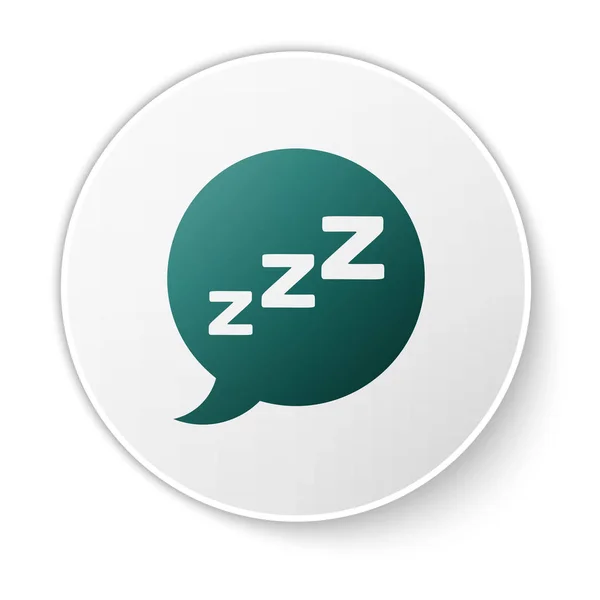 Zöld beszéd buborék horkolás ikon izolált fehér háttér. Fogalma alvás, álmatlanság, ébresztőóra app, mély alvás, ébredés. Fehér kör gomb. Vektoros illusztráció — Stock Vector