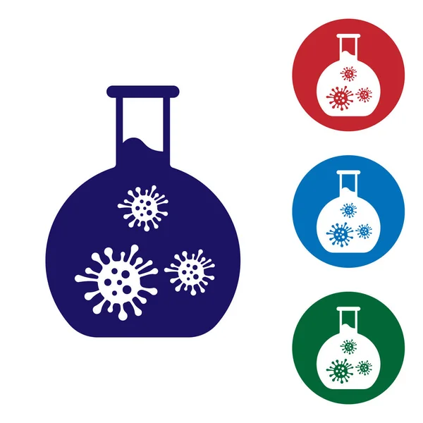 白い背景に隔離されたウイルスおよび細菌のアイコンが付いている青い実験室のガラス試験管。分析微生物、研究、診断。円のボタンにカラーアイコンを設定します。ベクトルイラストレーション — ストックベクタ