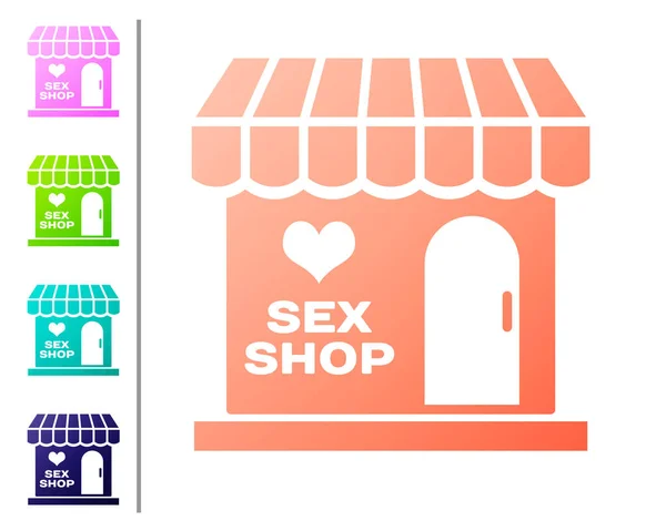 Coral Sex shop building with striped awning icon isolated on white background. Sex shop, online sex store, adult erotic products concept. Set color icons. Vector Illustration