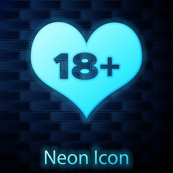 Glowing neon 18 plus content heart icon isolated on brick wall background. Adults content only icon. Vector Illustration — Stock Vector