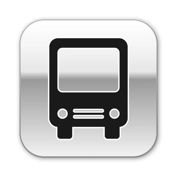 白い背景に隔離された黒いバスアイコン。輸送の概念。バスツアー輸送標識。観光または公共車両のシンボル。シルバーの正方形のボタン。ベクトルイラストレーション — ストックベクタ