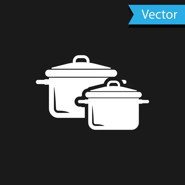 Icono de olla de cocina blanca aislado sobre fondo negro. Hervir o guisar el símbolo de la comida. Ilustración vectorial — Vector de stock