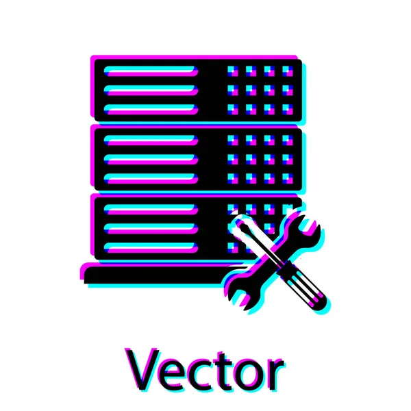 Schwarzer Datenbankserver mit Schraubendreher und Schraubenschlüssel-Symbol isoliert auf weißem Hintergrund. Anpassung, Service, Einstellung, Wartung, Reparatur, Reparatur. Vektorillustration — Stockvektor