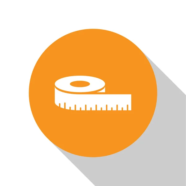 Icona di misura nastro bianco isolata su sfondo bianco. Nastro di misura. Pulsante cerchio arancione. Illustrazione vettoriale — Vettoriale Stock