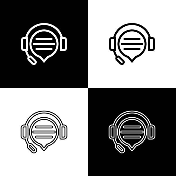 Establecer auriculares con el icono de la burbuja de voz de chat aislado en fondo blanco y negro. Servicio al cliente de soporte, línea directa, centro de llamadas, preguntas frecuentes, mantenimiento. Ilustración vectorial — Archivo Imágenes Vectoriales