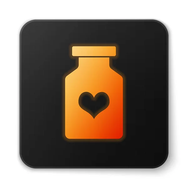 橙色发光药瓶与药效,壮阳药图标隔离在白色背景。男人和女人的性药片。黑色方形按钮。矢量插图 — 图库矢量图片