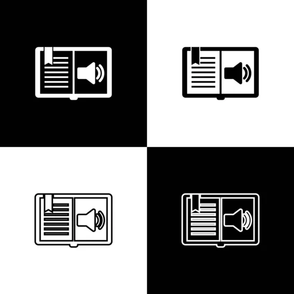 Establecer icono de libro de audio aislado sobre fondo blanco y negro. Signo de audio guía. Concepto de aprendizaje en línea. Ilustración vectorial — Archivo Imágenes Vectoriales