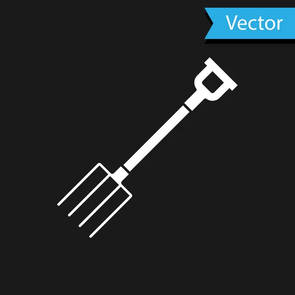 Ícone de forquilha de jardim branco isolado no fundo preto. Sinal de garfo de jardim. Ferramenta para horticultura, agricultura, agricultura. Ilustração vetorial —  Vetores de Stock