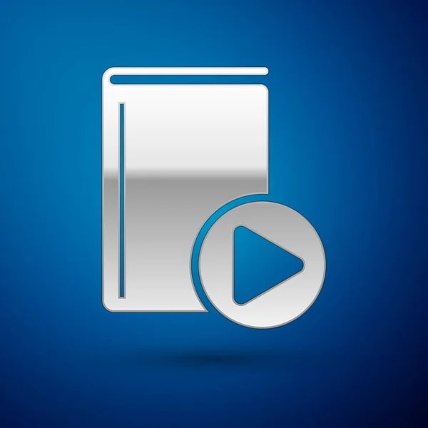 Silver Audio icône de livre isolé sur fond bleu. Lecture bouton et livre. Panneau audio-guide. Concept d'apprentissage en ligne. Illustration vectorielle — Image vectorielle
