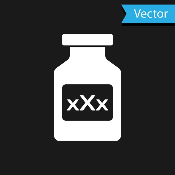 Weiße Medizinflasche mit Potenzpillen, Aphrodisiakum-Symbol auf schwarzem Hintergrund. Sex-Pillen für Männer und Frauen. Vektorillustration — Stockvektor