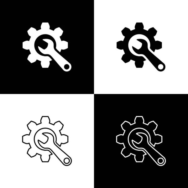 Set Llave e icono de engranaje aislados sobre fondo blanco y negro. Ajuste, servicio, ajuste, mantenimiento, reparación, fijación. Ilustración vectorial — Vector de stock