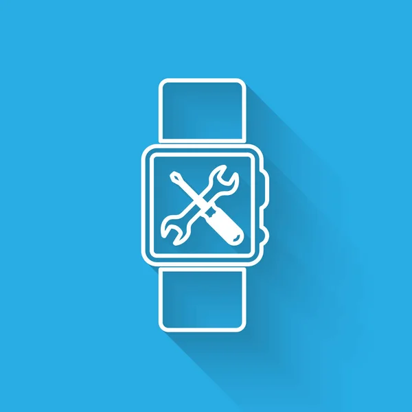 Vit linje SmartWatch med skruvmejsel och skiftnyckelikon isolerad med lång skugga. Justering, service, inställning, underhåll, reparation, fixering. Vektor illustration — Stock vektor