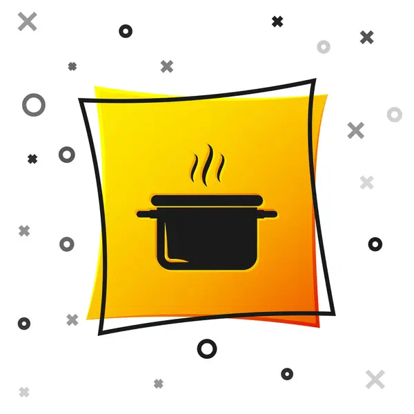 Schwarzes Kochtopfsymbol auf weißem Hintergrund. Essen kochen oder schmoren. gelber quadratischer Knopf. Vektorillustration — Stockvektor