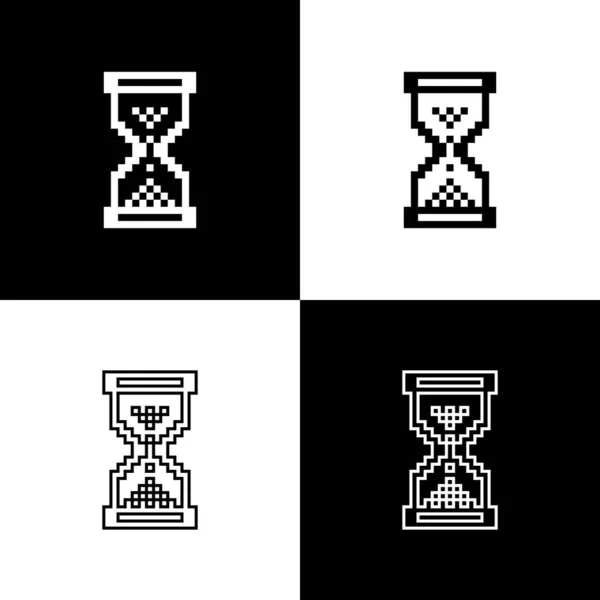Stel zandloper pixel met vloeiende zand pictogram geïsoleerd op zwart-wit achtergrond. Zand klok teken. Business en Time Management concept. Vector illustratie — Stockvector