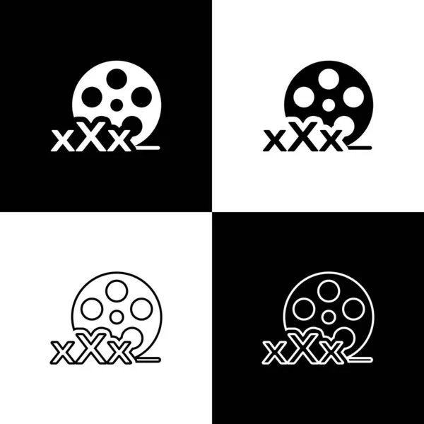 Set Filme carretel com inscrição XXX ícone isolado em fundo preto e branco. Símbolo de restrição de idade. 18 mais sinal de conteúdo. Canal adulto. Ilustração vetorial —  Vetores de Stock