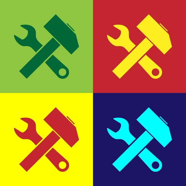Colore Martello incrociato e icona chiave isolato su sfondo colore. Strumenti hardware. Illustrazione vettoriale — Vettoriale Stock