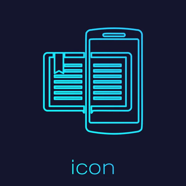 Línea turquesa Smartphone y libro icono aislado sobre fondo azul. Concepto de aprendizaje en línea o aprendizaje electrónico. Ilustración vectorial — Vector de stock