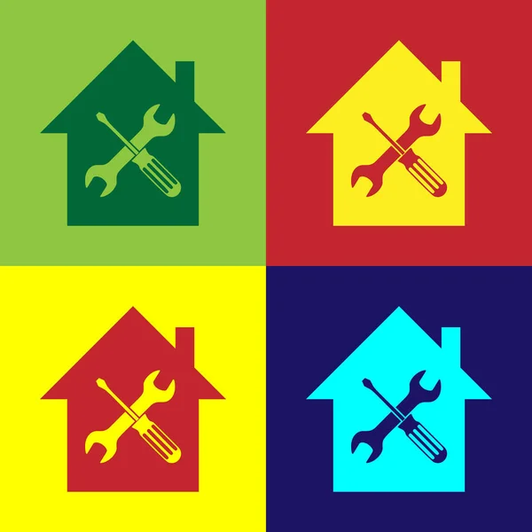 彩色房子或家与螺丝刀和扳手图标隔离在颜色背景。调整、维修、设置、维护、修理、修理。矢量插图 — 图库矢量图片
