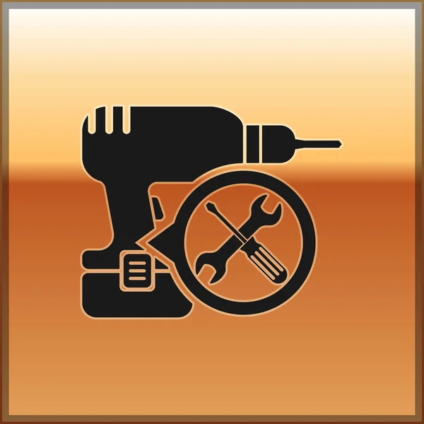 Black Drill machine with screwdriver and wrench icon isolated on gold background. Adjusting, service, setting, maintenance, repair, fixing. Vector Illustration — Stock Vector