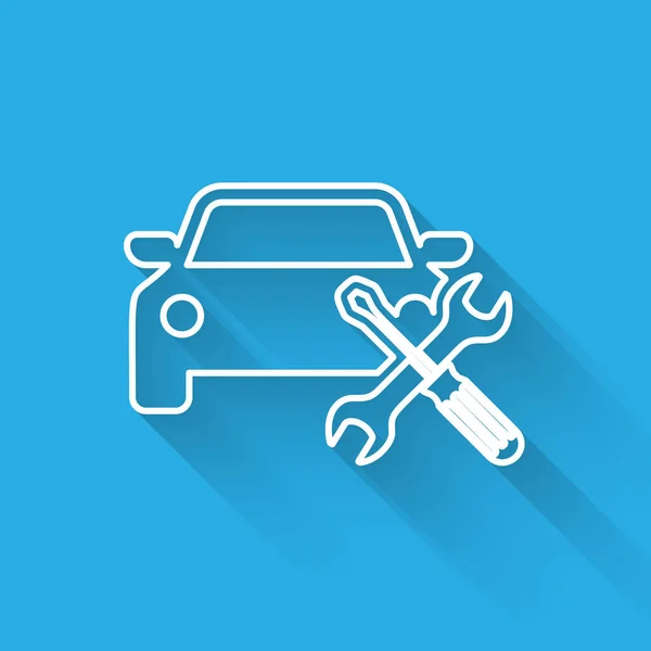 Witte lijn auto met schroevendraaier en moersleutel pictogram geïsoleerd met lange schaduw. Aanpassing, service, instelling, onderhoud, reparatie, bevestiging. Vector illustratie — Stockvector