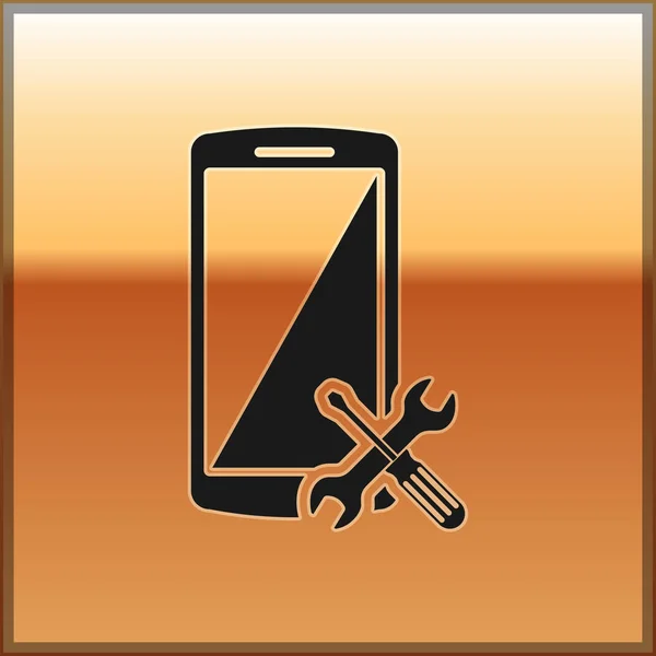 Černý telefon s ikonou šroubováku a klíče, izolovaný na zlatém pozadí. Seřízení, servis, nastavení, údržba, opravy, upevnění. Vektorová ilustrace — Stockový vektor