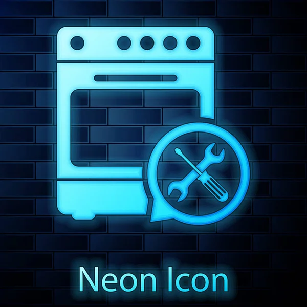 Horno de neón brillante con destornillador e icono de la llave inglesa aislado en el fondo de la pared de ladrillo. Ajuste, servicio, ajuste, mantenimiento, reparación, fijación. Ilustración vectorial — Vector de stock