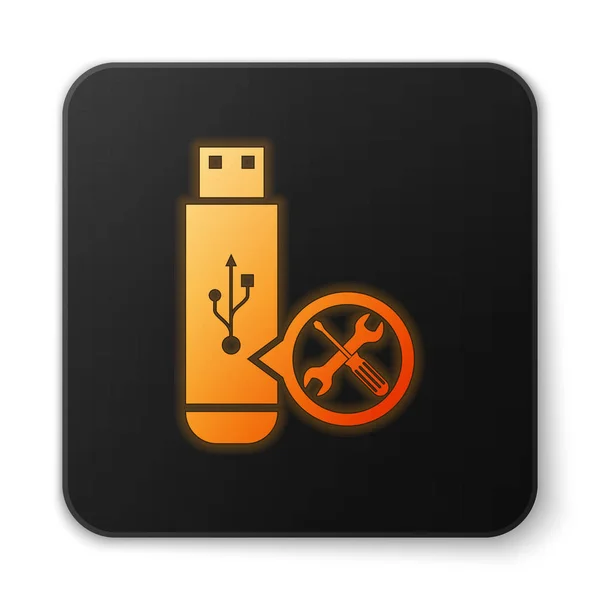 Orange glühende USB-Stick mit Schraubenzieher und Schraubenschlüssel Symbol isoliert auf weißem Hintergrund. Anpassung, Service, Einstellung, Wartung, Reparatur, Reparatur. schwarzer quadratischer Knopf. Vektorillustration — Stockvektor