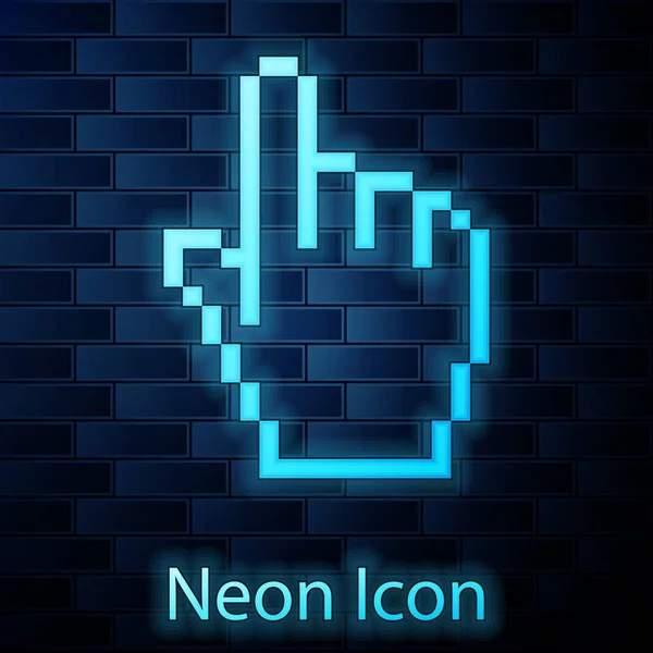 Gloeiende neon pixel handcursor pictogram geïsoleerd op bakstenen muur achtergrond. Aanwijzer handcursor. Vector illustratie — Stockvector